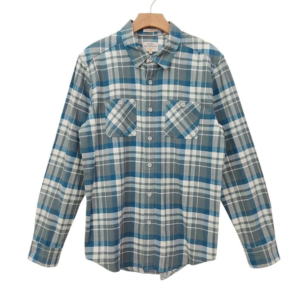 Quiksilver Waterman Mens Small Green Flannel Shirt Plaid Tailored Fit Casual